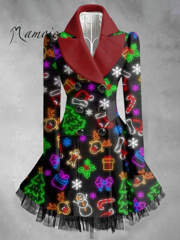 Vintage Christmas Atmosphere Printed Elegant Lapel Long Sleeve Coat Dress