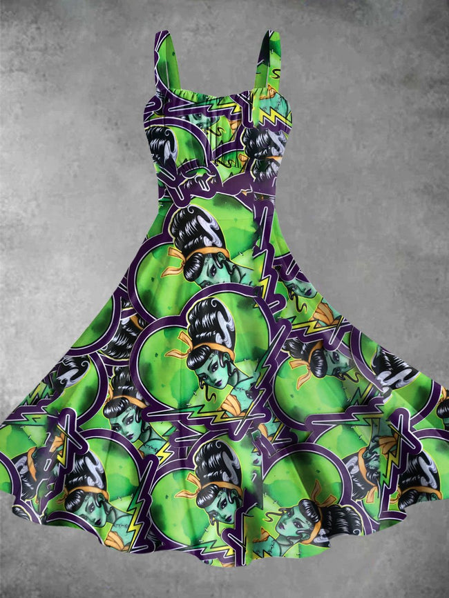 Vintage Monster Halloween Print Backless Dress