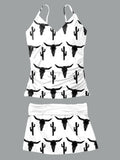 Women’s V-neck Cowgirl Style Print Suspender Skirt Tankini Set Swimsuit