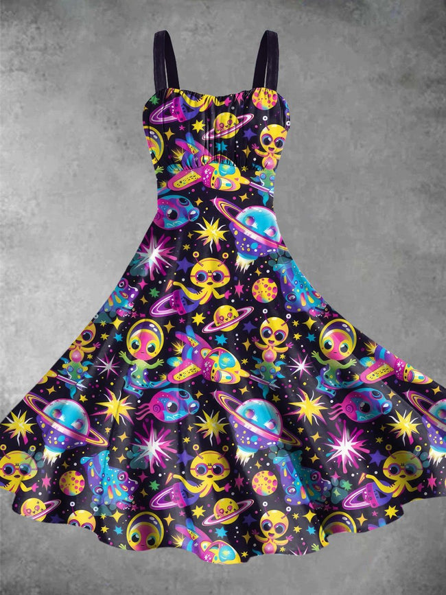 Vintage Alien Space Print Backless Dress