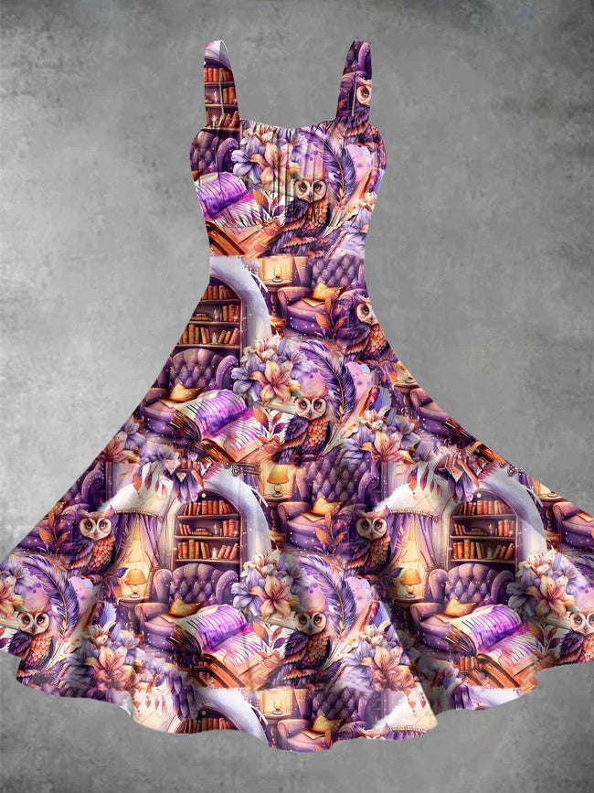 Vintage Purple Owl Print Backless Dress