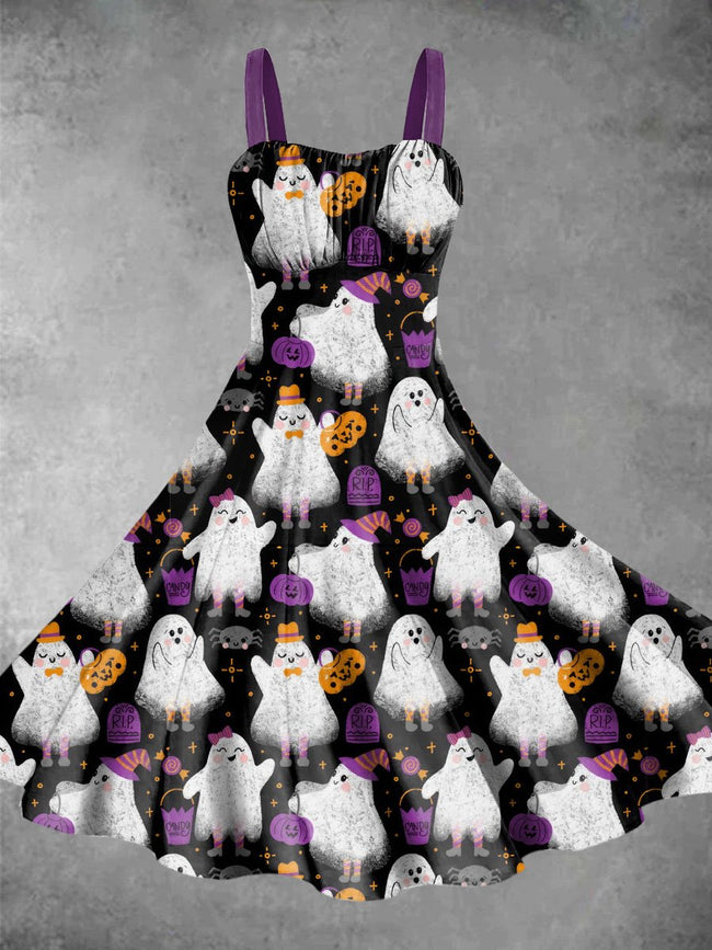 Vintage Lovely Ghost Halloween Print Backless Dress