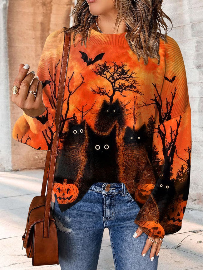 Vintage Halloween Black Cat Print Casual Knit Pullover Sweater