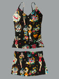 Women’s V-neck Always Love Girls Print Suspender Skirt Tankini Set Swimsuit