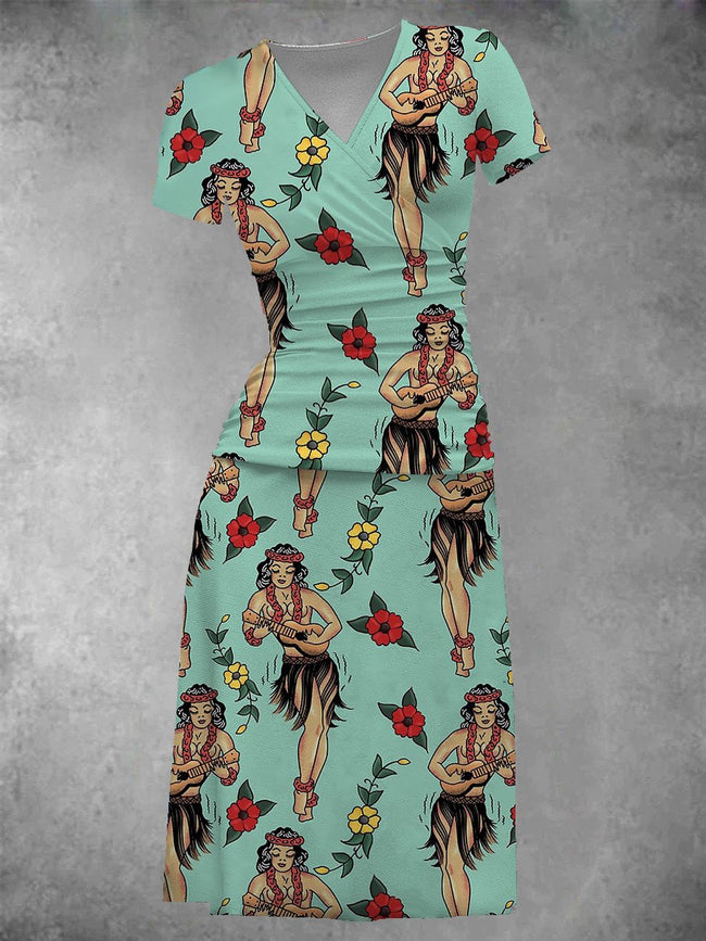 Women's Pin-up Girl Tattoo Two-Piece Midi Dress Set