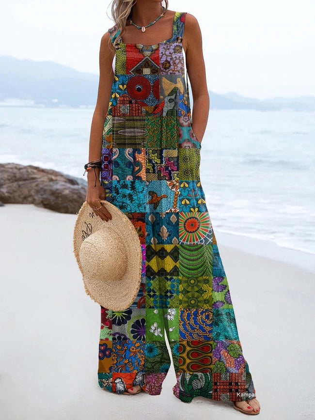 Women's Colorful Hippie Print Casual Strap Wide Leg Pants Jumpsuit