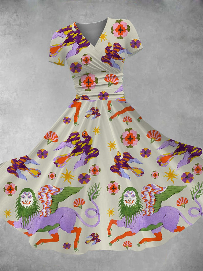 Women's Vintage Art Legendary Creature Print Maxi Dress
