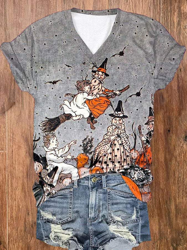 Vintage Witches Pumpkins & Bats Print V Neck Tee