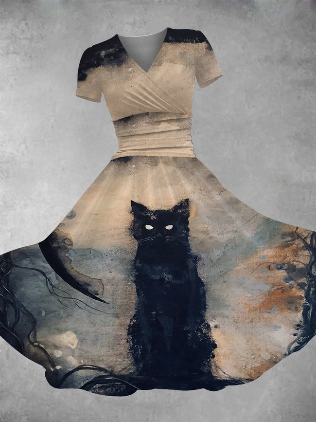 Women's Vintage Cat Print Maxi Dress