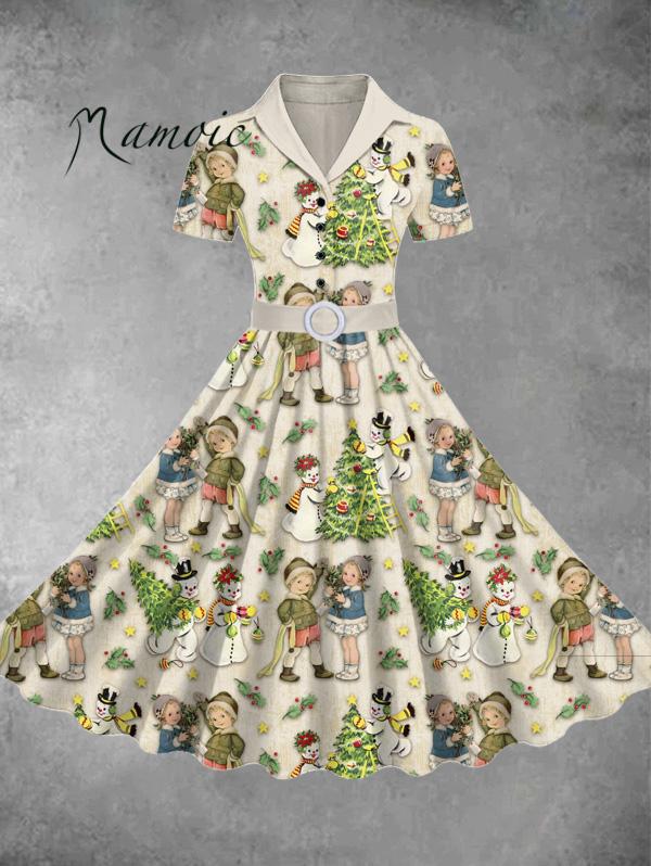 Women's Cute Christmas Kid Print Lapel Midi Dress