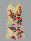 Women’s V-neck Vintage Ukiyoe Blossoms Print Suspender Skirt Tankini Set Swimsuit