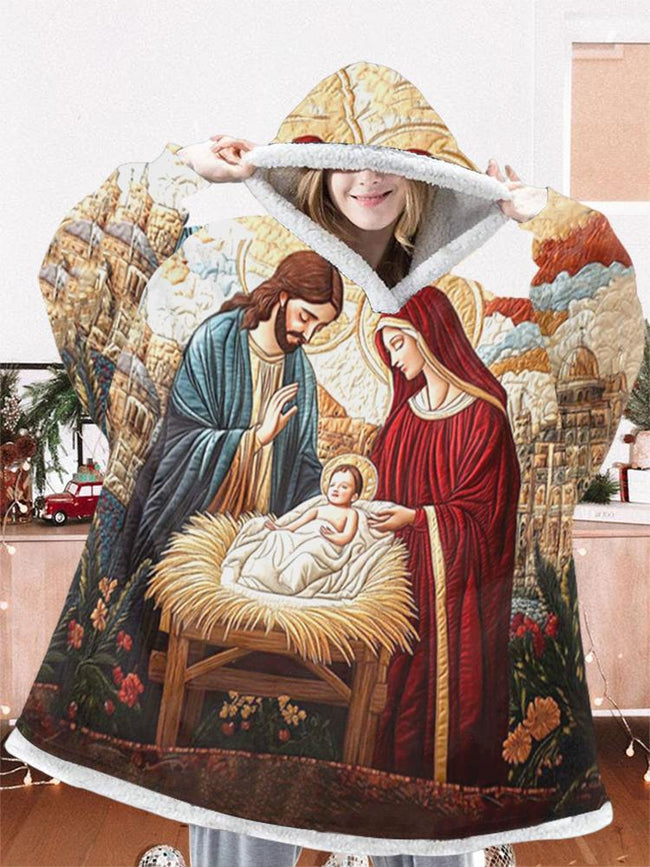 Jesus print oversized flannel hoodie blanket