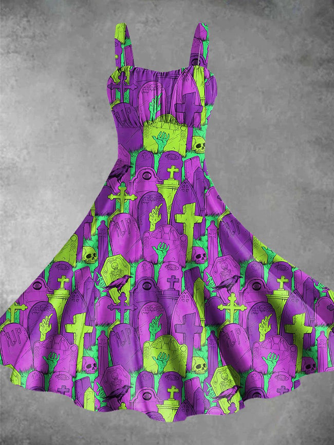 Vintage Halloween Zombie Print Backless Dress