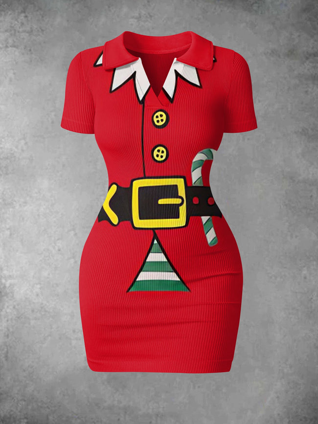 Women's Vintage Elf Christmas Print Ribbed Bodycon Mini Dress