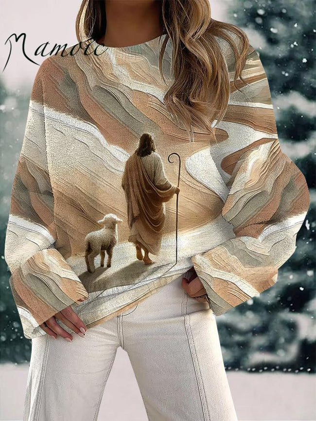 Women's Vintage Jesus and Lamb Print Fuzzy Knit Casual Pullover Sweaters