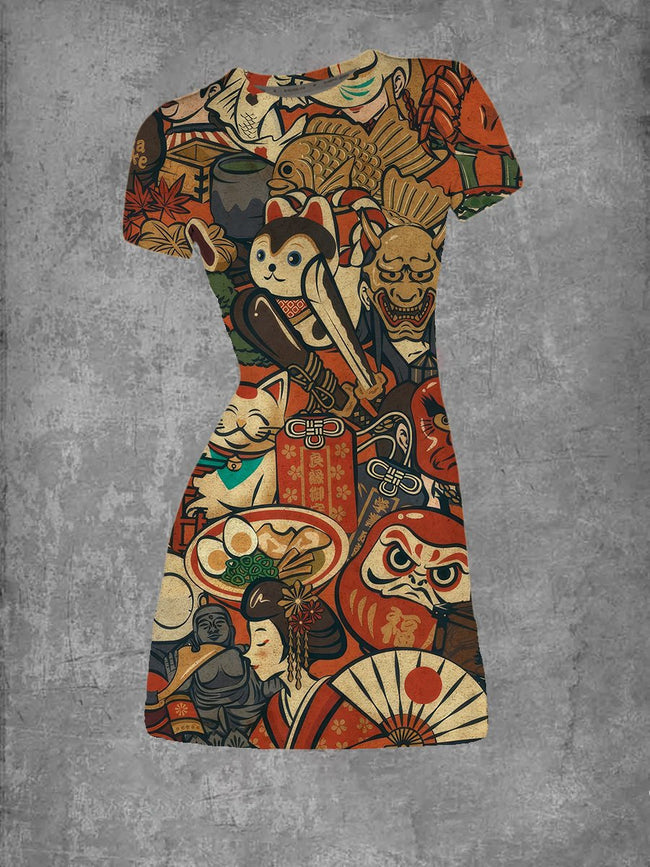 Women's Japanese Culture Print Crew Neck T-Shirt Dress