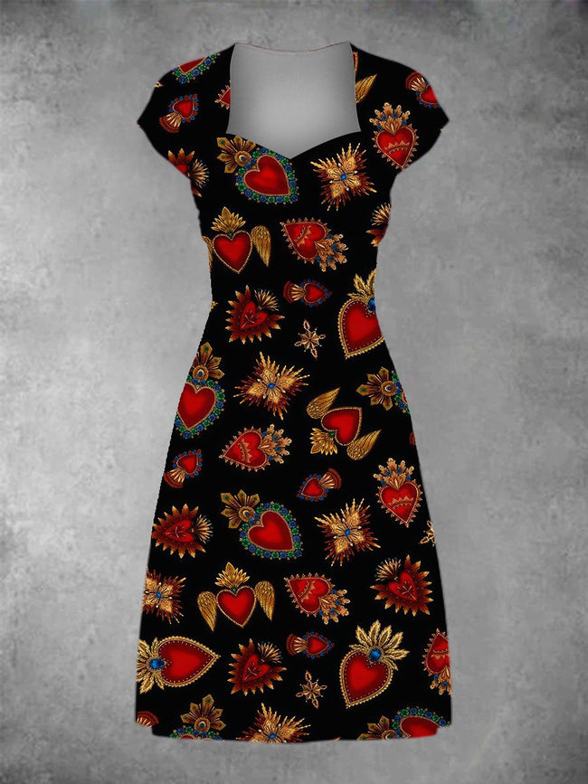 Women's Sacred Hearts Print Patchwork Casual Midi Dress