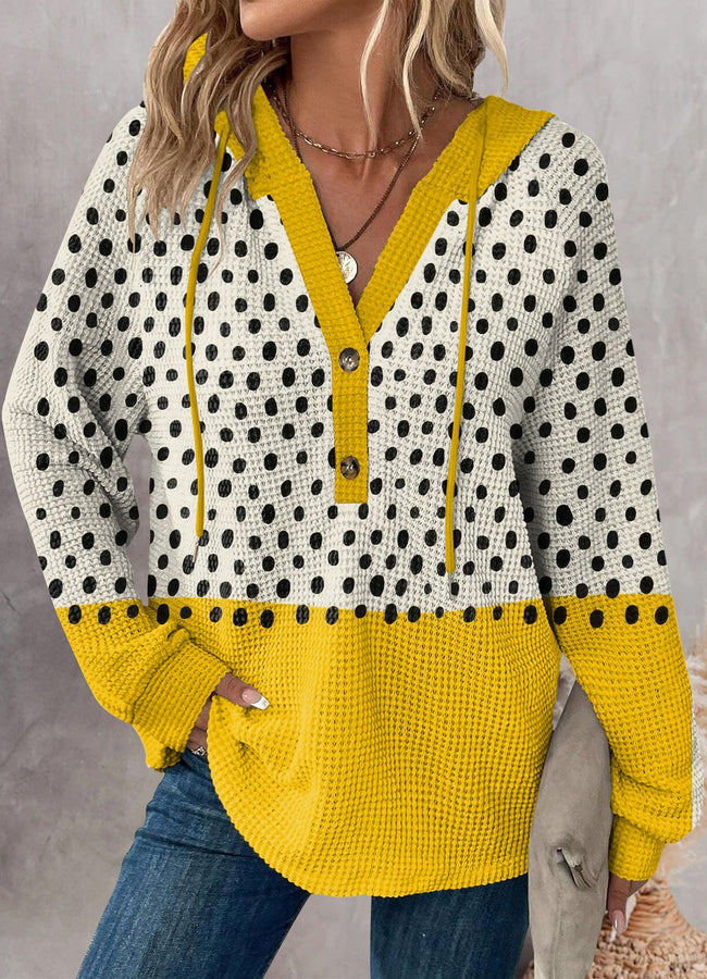 Women's Yellow Color-blocked Dots Print Waffle V Neck Long Sleeve Pullover Sweatshirt Hooded Tops