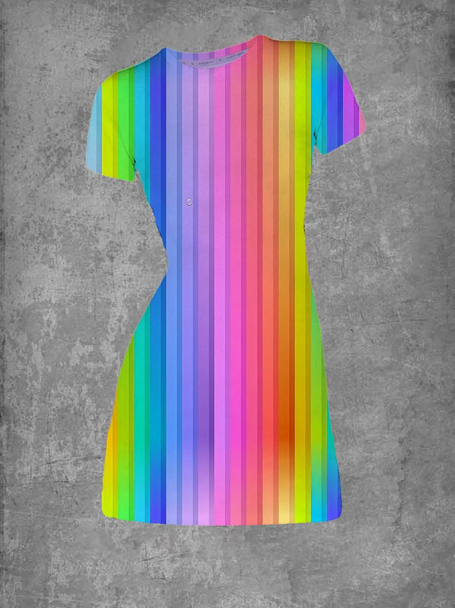 Women's Rainbow Stripes Print Crew Neck T-Shirt Dress