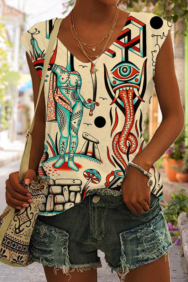 Women's Vintage Art Tattoo V Neck Tank Top