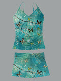 Women’s V-neck Vintage Ukiyoe Butterfly Print Suspender Skirt Tankini Set Swimsuit