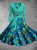 Retro Leaf Glass Abstract Print Two-Piece Backless Dress