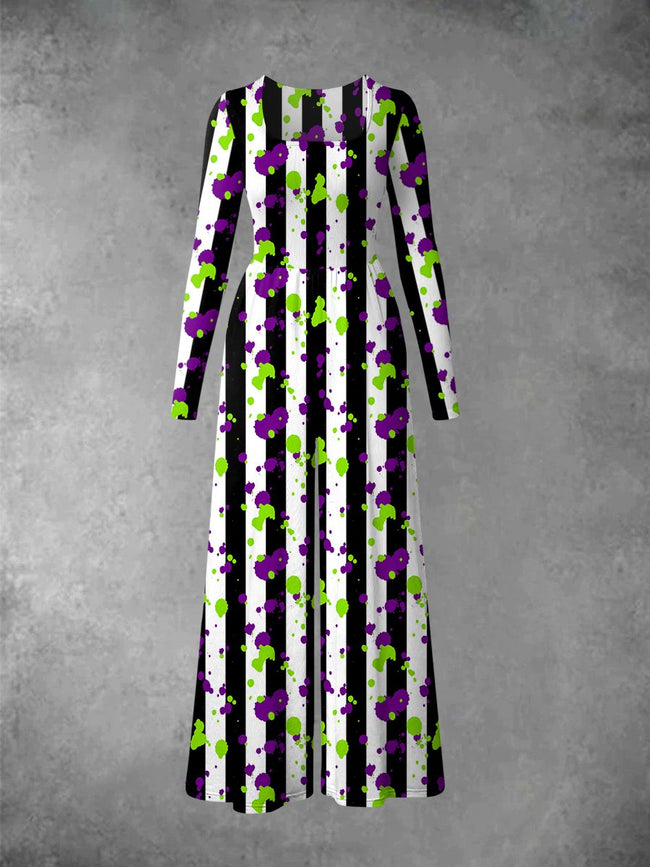 Women's Halloween Beetlejuice Print Long Sleeve Wide Leg Jumpsuits