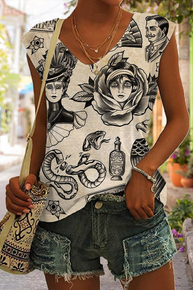 Women's Vintage Elegant Traditional Tattoo Sleeveless Tank Top