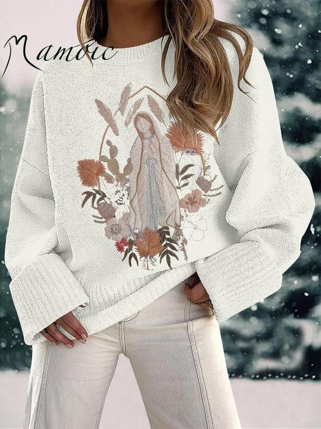 Women's Christian Our Lady Floral Christian  Embroidery Print Fuzzy Knit Casual Pullover Sweaters