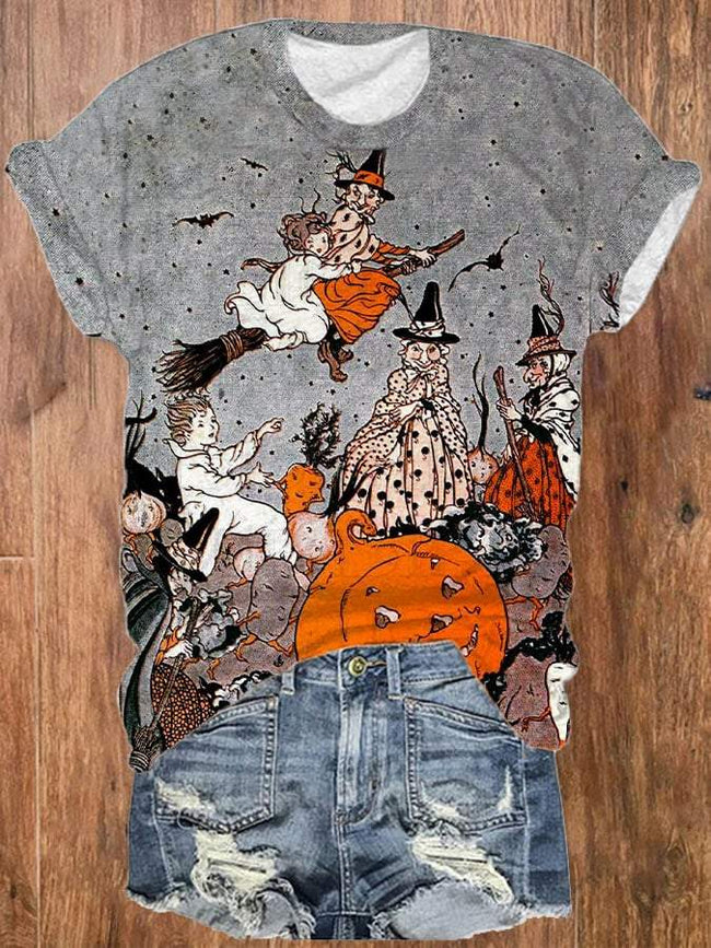 Vintage Witches Pumpkins & Bats Print Tee