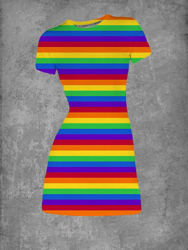 Women's Rainbow Stripes Graphic Crew Neck T-Shirt Dress