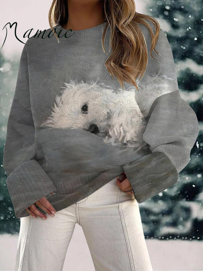 Women's Cute Puppy Print Fuzzy Knit Casual Pullover Sweaters