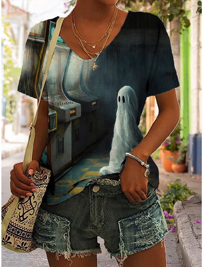 Women's Vintage Halloween Ghost In An Abandoned Arcade Casual T-shirt