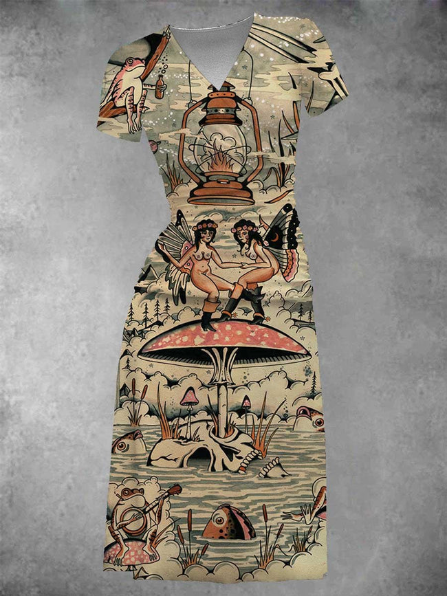 Women's Vintage Pond Print Midi Dress Set