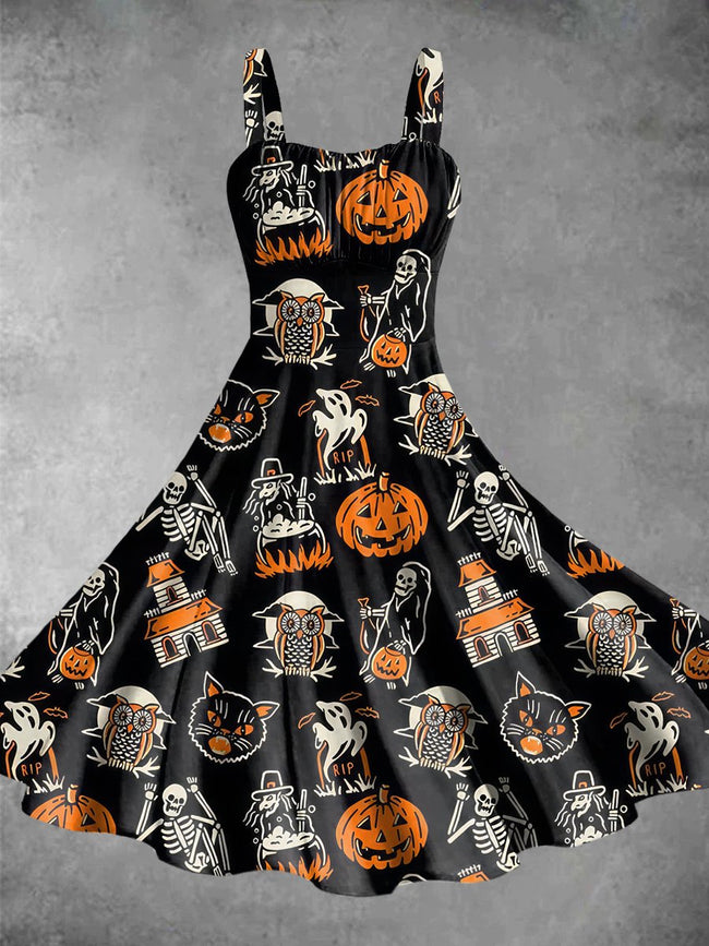 Vintage Halloween Tattoo Print Backless Dress