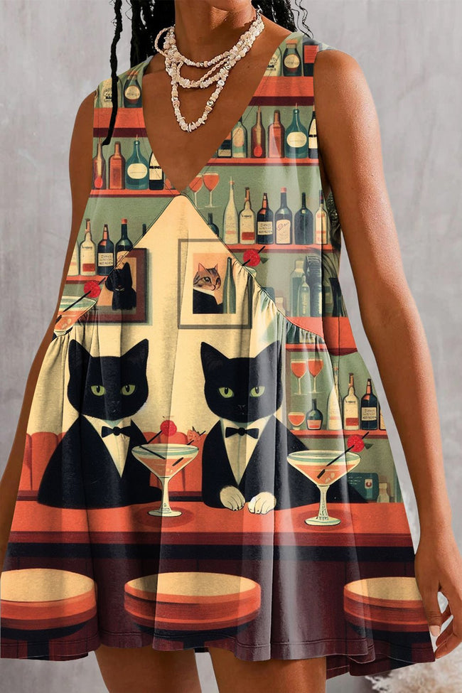 Women's Gentle Cats Drinking Cocktails Illustration Print Mini Dress Sundress with Pockets