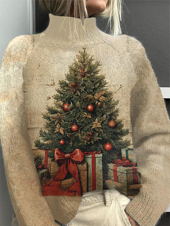 Vintage Christmas Tree Print Knit Turtleneck Sweater