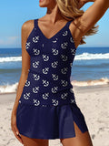 V-Neck Striped Navy Blue Print Side Slit Patchwork Tankini Pantskirt Set Swimsuit