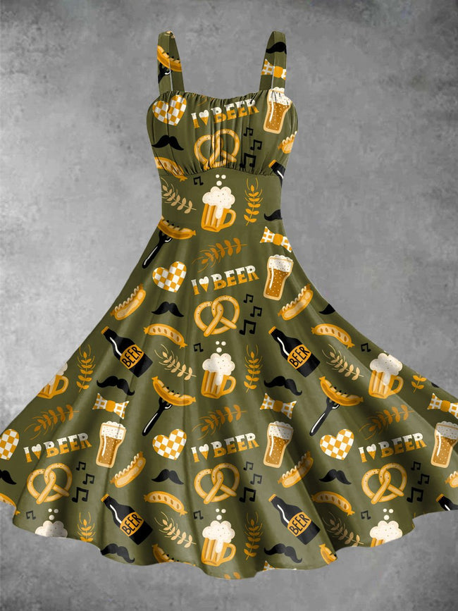 Vintage Beer Print Backless Dress