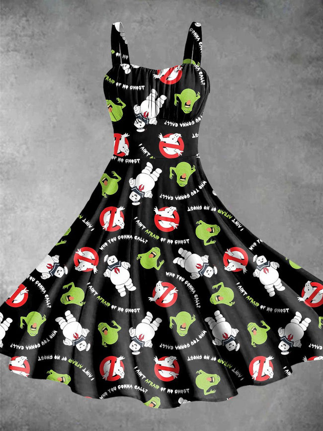 Vintage Ghostbuster Halloween Print Backless Dress