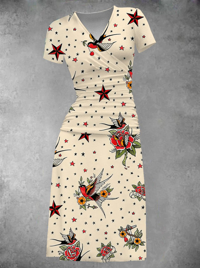 Women's Vintage Tattoo Flash Graphic Midi Dress