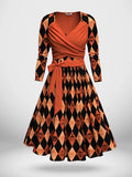 Women's Vintage Halloween Pumpkin Pattern Two-Piece Dress