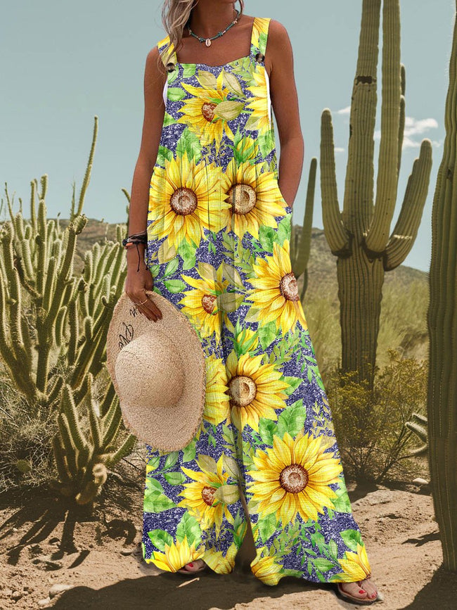 Women's Vintage Sunflower Print Casual Strap Wide Leg Pants Jumpsuit