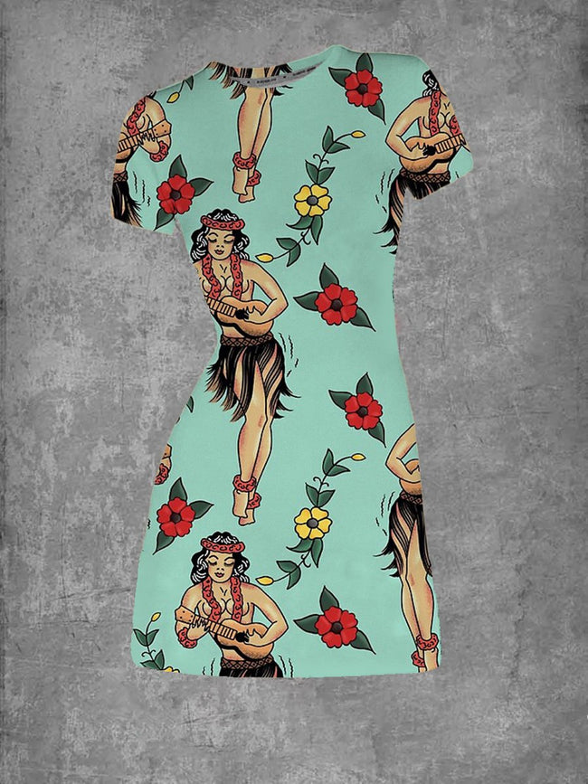 Vintage Aloha Print Graphic Crew Neck T-Shirt Dress