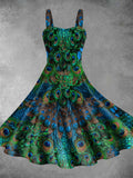 Retro Peacock Feather Print Two-Piece Backless Dress