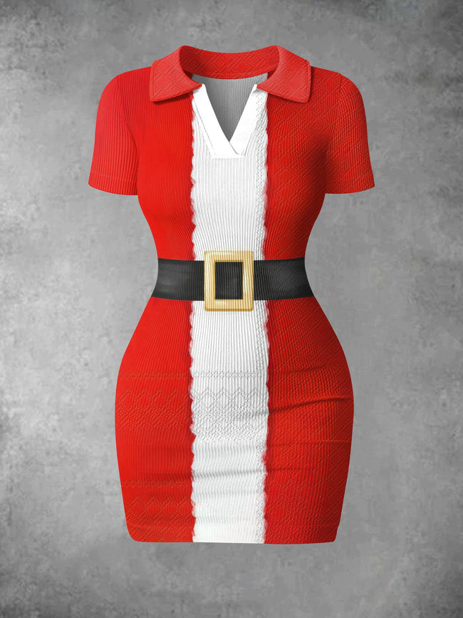 Women's Vintage Santa Costume Print Ribbed Bodycon Mini Dress