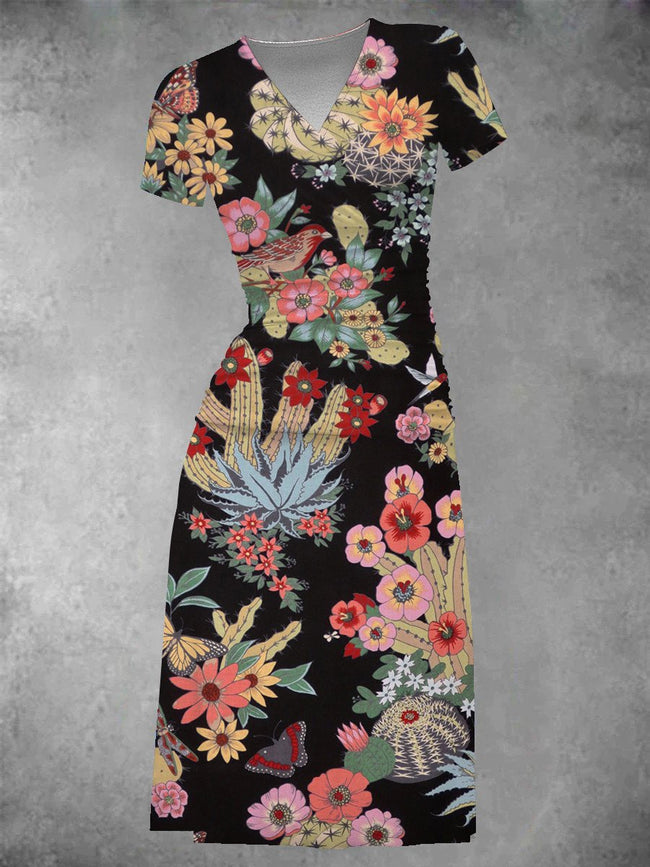 Women's Vintage Stunning Hacienda Cactus Print Midi Dress