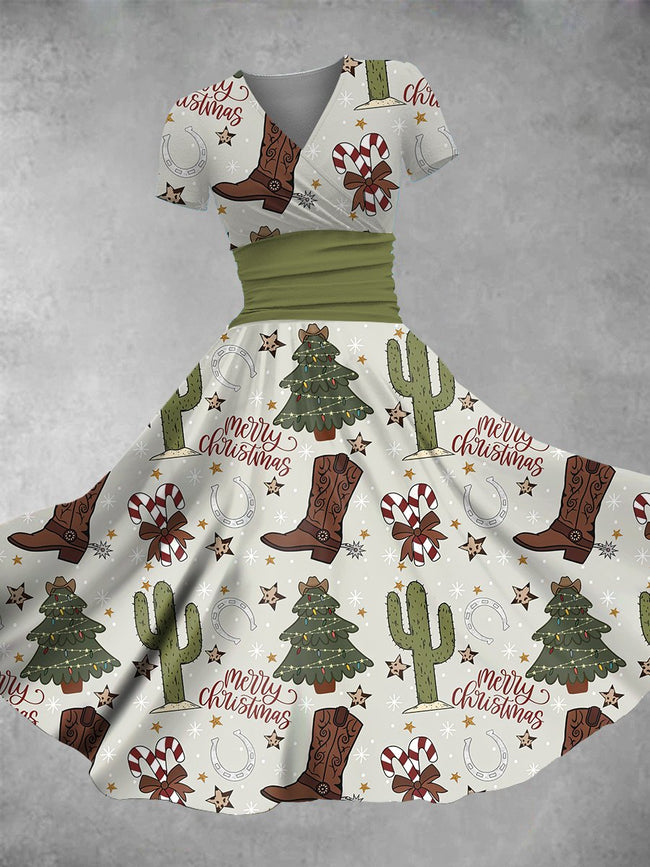 Women's Vintage Western Christmas Print Maxi Dress
