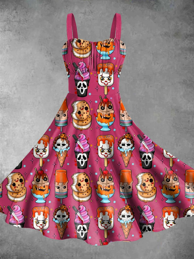 Vintage Ice Cream Ghoul Summer Halloween Print Backless Dress