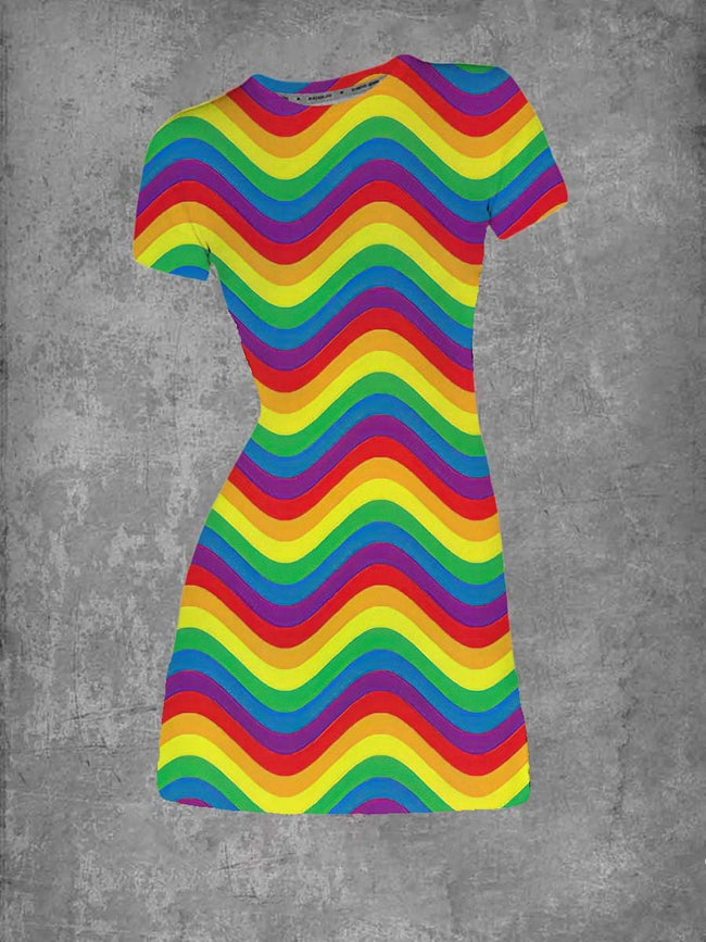 Women's Rainbow Wavy Print Crew Neck T-Shirt Dress